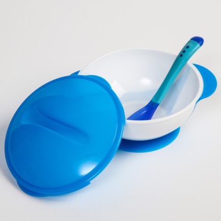 Feeding set: a bowl on the suction cup 340 ml., With a lid, a thermal carp, the color is blue-1