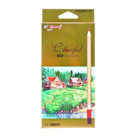 Pencils 12 colors, in a cardboard box, hexagonal, gold, wooden, landscape.-5