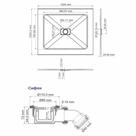 Show's pallet Wasserkraft Elbe10, 1200x1000x26 mm, siphon, rectangular, fiberglass 987800-1