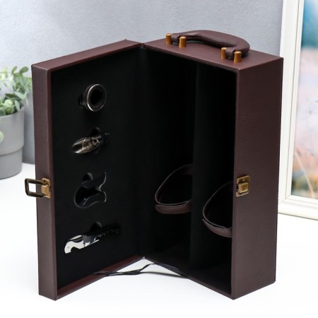Casket Wood, leatherette for 2 bottles "Twisted cage" 4 items 34.5x19.5x12 cm-9