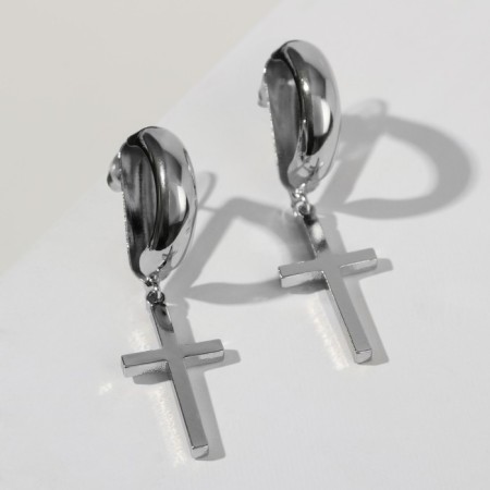 Earrings Metal "Crosses" Volumetric Line, Color Silver-1