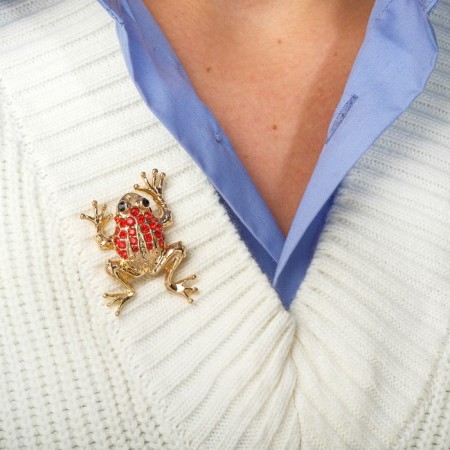 Brooch "Frog" traveler, red color in gold-1