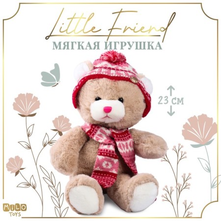 Soft toy "Little Friend", New Year's bear in a hat and scarf, pink color
