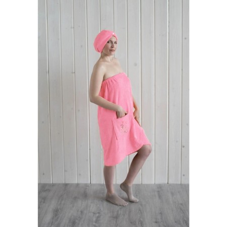 Women's set for the sauna (Pareo+Chalma) with embroidery, pink