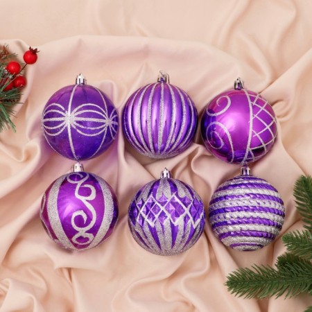 Set of balls Plastic D-8 cm, 6 pcs "Agnet" Patterns, silver-violet