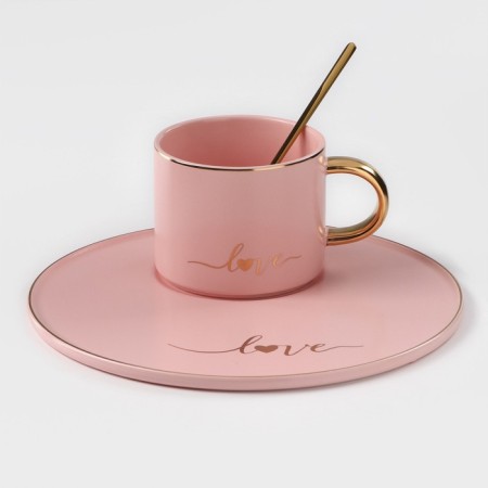 Coffee steam ceramic “love”, 3 objects: mug 200 ml, saucer d = 20 cm, spoon h = 14 cm, pink color