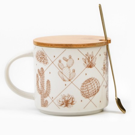 Ceramic mug with a lid and spoon "Cacti", 470 ml, beige color-6