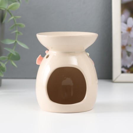 Aroma lamp ceramics "Pink roses with leaves" Beige 7.5x7.5x9 cm-3