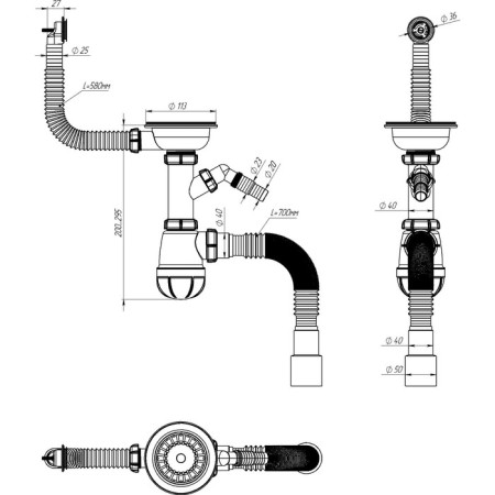 Aquant siphon for washing, 3 1/2 "x 40 mm, removal of the machine, round overflows, corrugation 40/50 mm-2