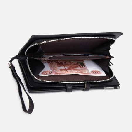 Men's purse on the button, a department for bills, for maps, for coins, black color-4