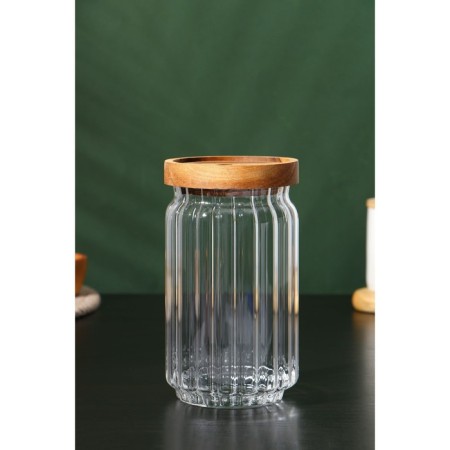 Glass Bank for bulk products with a Daphne wooden cover, 750 ml, 9 × 16 cm-2