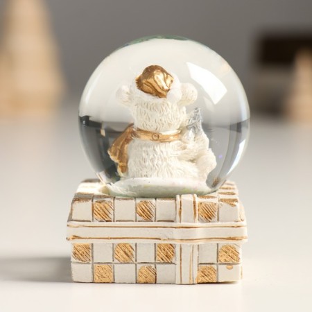 Souvenir Polystone Water Ball "White Misha with a Christmas tree in a gift" Gold/silver 4.5x4x6.5 cm-2
