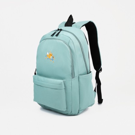 Youth backpack from textiles, 2 parts on lightning, 3 pockets, green color