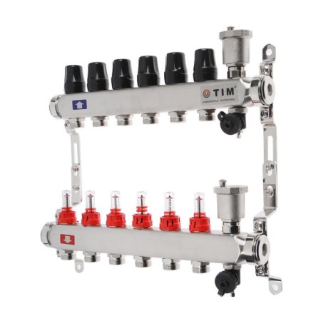 Collector group TIM KCS5006, 1 "x 3/4", 6 outputs, flow meters, without cranes, stainless steel. steel