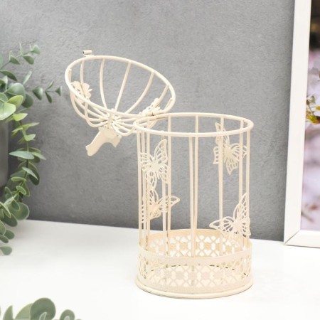 Summary Metal 1 Candle "Bird and a cage with butterflies" White 21.5x10x10 cm-1