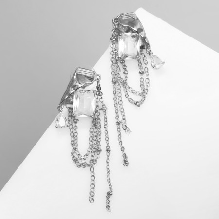 Earrings with rhinestones "Circus" with chains, white color in silver-2