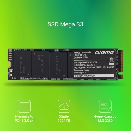 SSD Digma PCIE 3.0 X4 1TB DGSM3001TS33T MEGA S3 M.2 2280-1