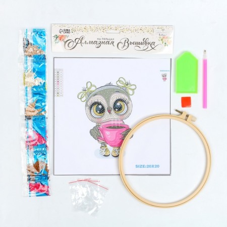 Diamond embroidery on the hoop "owl with a mug"