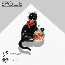 Брошь «Кот» с тыквой, цветная в золоте