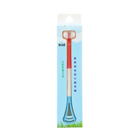 Toothbrush is bilateral, silicone bristles, a scraper for cleaning the tongue, pink
