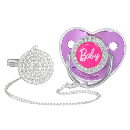 Set: Nipple - Orthodontic dummy with a holder, Baby, with a cap, from 6 months.., pink/silver, rhinestones-7