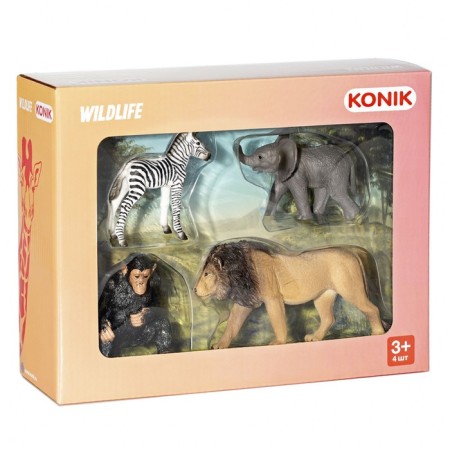 A set of wild animals Konik: lion, chimpanzees, elephant, zebra