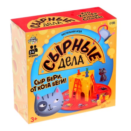 Board Brodiller "Cheese Affairs": cube, chips-mouse, cat, cheese pieces, 2-4 players, 3+-10