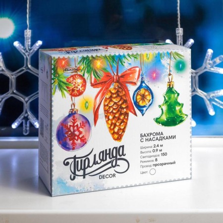 Garland “fringe” 2.4 × 0.9 m with nozzles “snowflakes”, ip20, transparent thread, 150 LED, white glow, 8 modes, 220 V-6