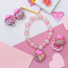 Set of children's “chosen” 3 subjects: clips, ring, bracelet, strawberries, sparkles, white-pink color