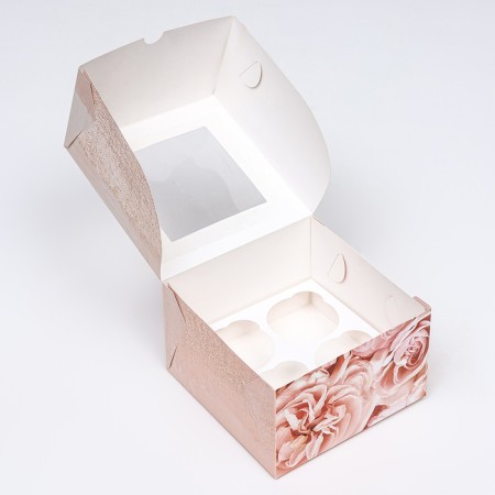 Box for 4 cupcakes with a window, "peonies", 16 x 16 x 10 cm-4