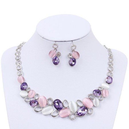 Set 2 objects: earrings, necklaces "leaflets", pink color in silver, 40 cm