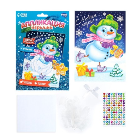 Application for the New Year with feathers and rhinestones "Snowman", New Year's set for creativity-2