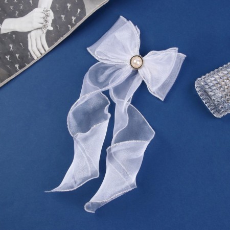 Hair clip "Schoolgirl" Bow 12x30 cm, white with pearls-1
