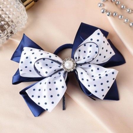 Hair elastic band "Schoolgirl" Bant flower and peas, 13cm, blue-white