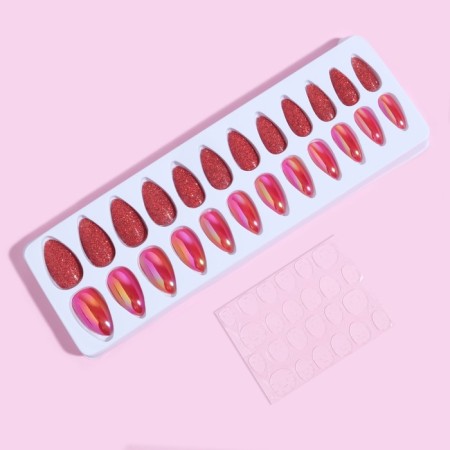 False nails, 24 pcs, with glue plates, the shape of almonds, sparkles/holography, red color-2