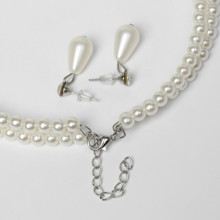 Set 2 objects: earrings, “lady” necklace 2 threads, sparkling drop, white color in silver, 45 cm-1