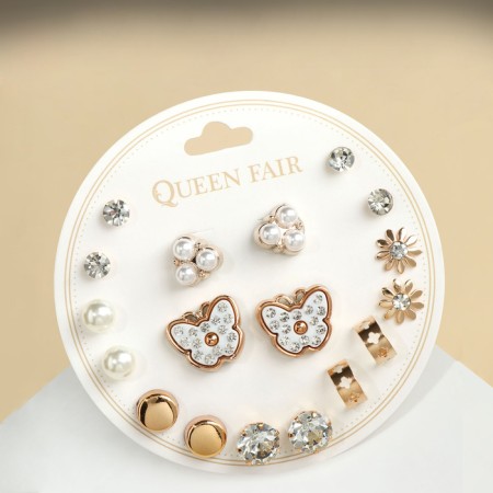 Pusets 9 pairs "Youth" butterflies and pearls, white color in gold-1