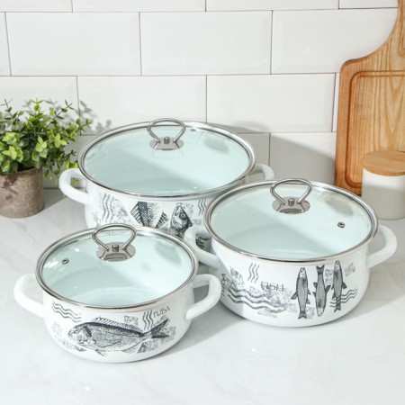 Set of pots "Fish", 3 subjects: 2 l, 3 l, 4 l, glass covers, induction