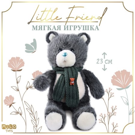 Soft toy "Little Friend", New Year's bear with a green scarf, dark gray color