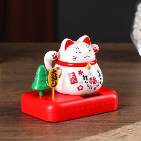 Plastic pendulum from the solar battery "Cat Mani-Neko with a tree" White 8x10x6 cm-1