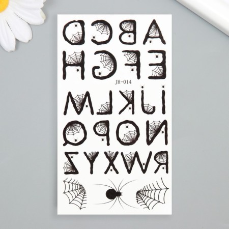 Black Tattoo on the body "Spider and an alphabet with a web" 6x10.5 cm