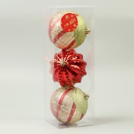 Set of balls plastic D-10 cm, 3 pcs "Festive patterns" stripes, red-gold-1