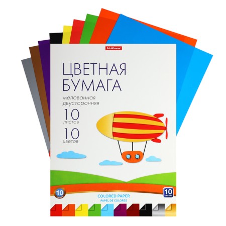 Colored paper A4, 10 colors, 10 sheets, erichkrause, bilateral, coated, in the folder, density 80 g/m2, crafts of crafts
