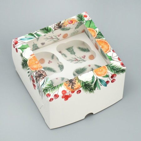 Capcake box folding with bilateral application "Wreath", 16 x 16 x 10 cm, New Year-1