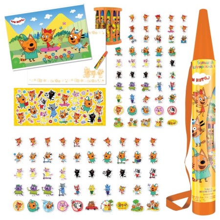 A set for drawing 114 items in a plastic tube, "three cats" (wax pencils 12 colors + stickers + notebook)
