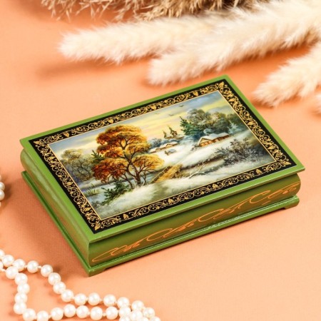 Casket "Fog", green, 11 × 16 cm, lacquer miniature