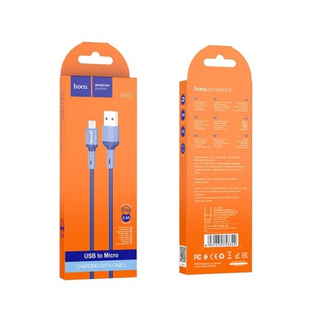 Hoco X65, microUSB - USB, 2.4 A, 1 m, tpe braid, blue-5