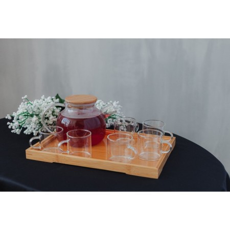 Tea kit on an eco wooden stand, 7 items: glass kettle with a sieve 900 ml, mugs 6 pcs, 100 ml-8