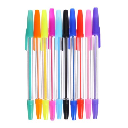 A set of ballpoint pens, 10 colors, a transparent body, with colored caps
