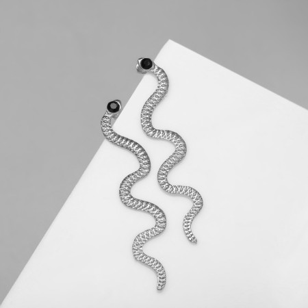 Hanging earrings "snake" thin, black color in silver